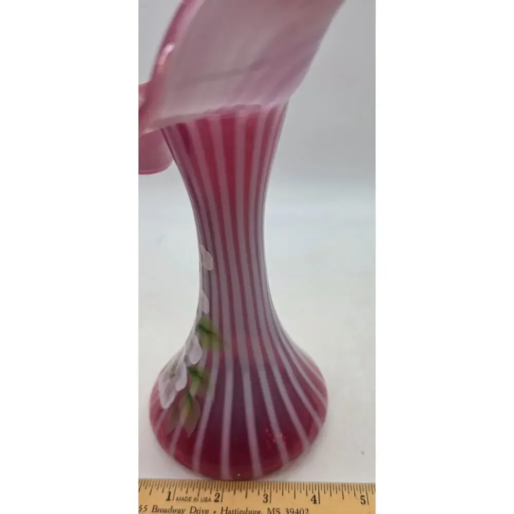FENTON CRANBERRY OPAL RIBBED OPTIC DECORATED JIP VASE MUSEUM COLL SIGNED
